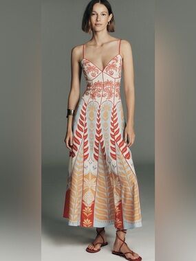 RARE FARM Rio Botanical Midi Dress in Red, Cream & Yellow